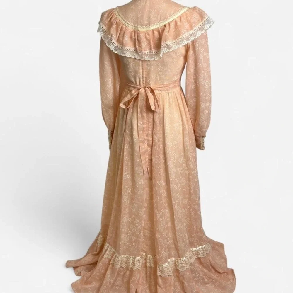 Vintage 70s Gunne Sax Pink Floral Prairie Dress Lace Ruffle Maxi Size 7 XS - Picture 3 of 7